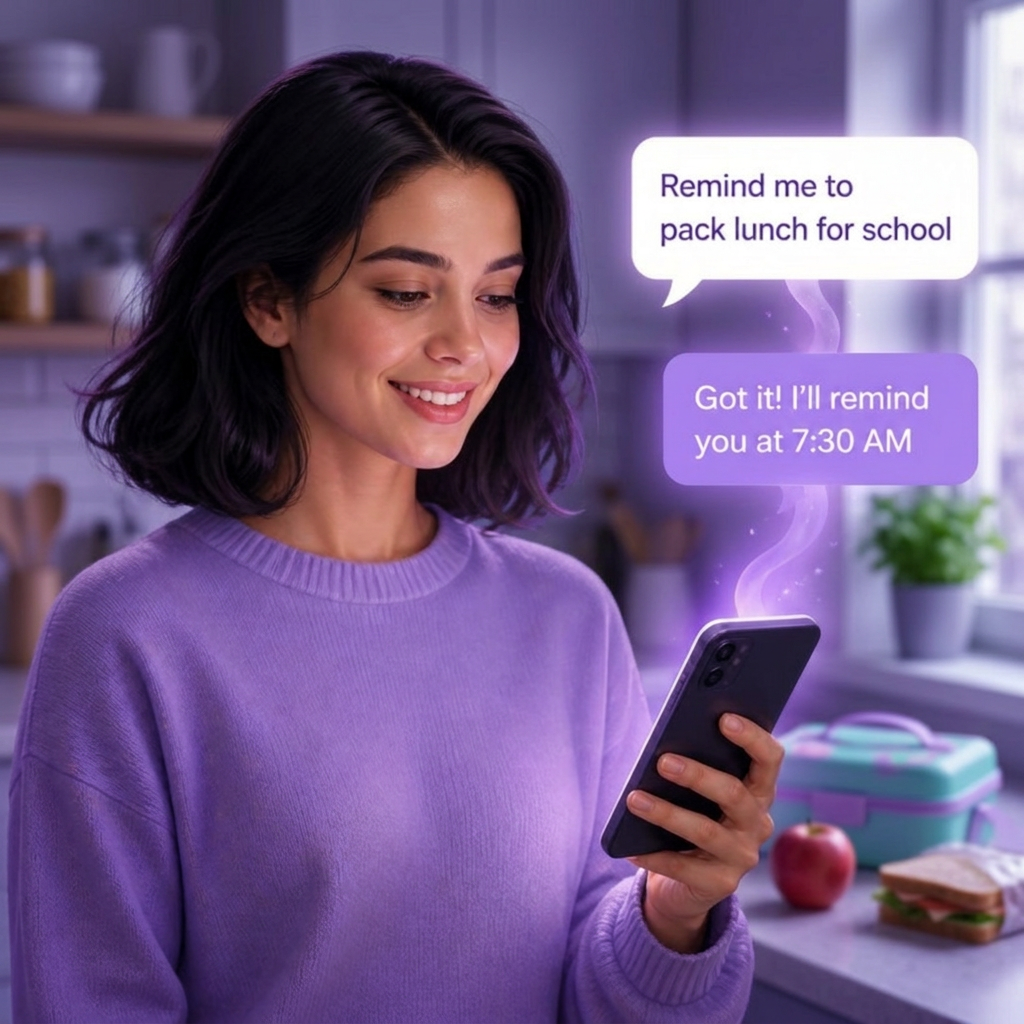 Person asking a bot on their phone to remind them to pack lunch for school